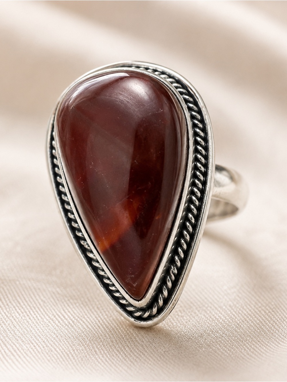 Artisan Carnelian Agate Red-Brown Teardrop Silver Rope-Set Ring 9